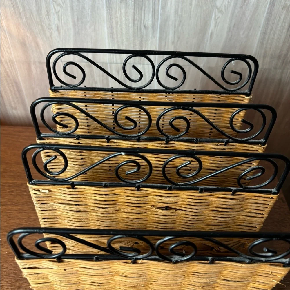 Vintage Wicker File Organizer with Black Metal Dividers - Natural Brown